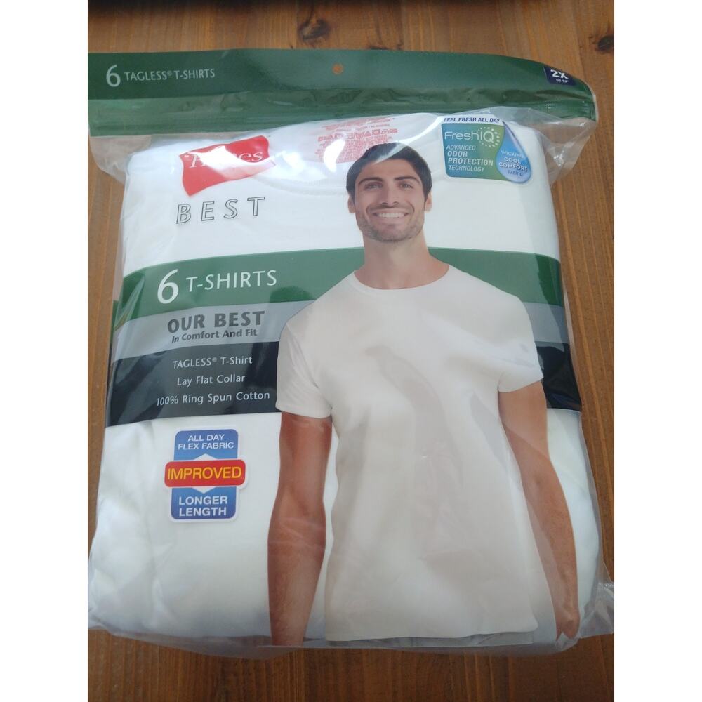 6-Pack Hanes Best Men's Tagless Wicking Cotton Crewneck Tees, White, 2X (50-52")